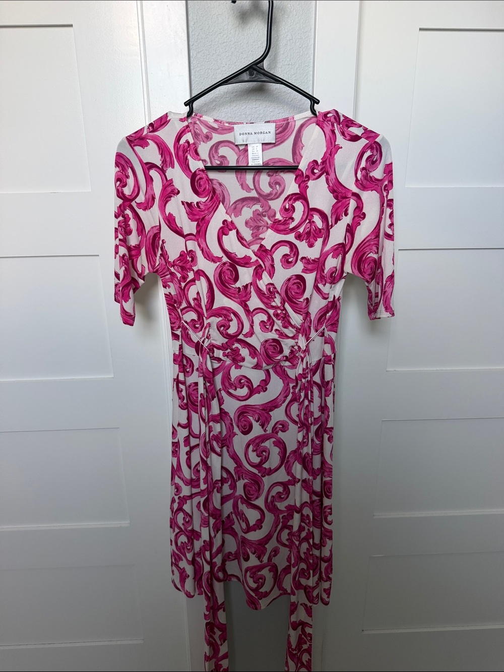 Donna Morgan White Dress with Vibrant Pink Scroll Print